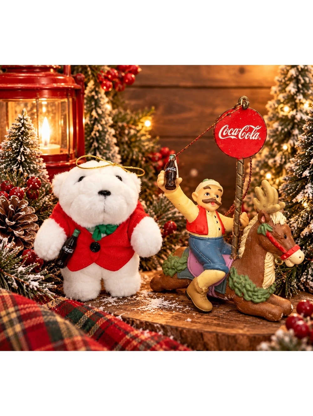 Lot Vtg Coca Cola Trim-A-Tree Elf on Reindeer Christmas + polar bear Ornament